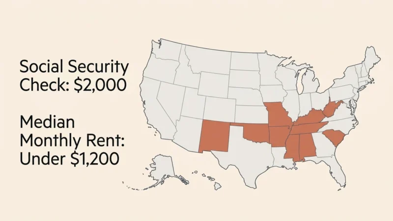 An editorial US map infographic highlighting affordable states for retirees with a budget breakdown under a $2,000 monthly budget.