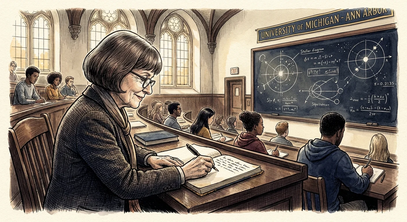 An editorial watercolor illustration of an older woman auditing a college class in a historic, wood-paneled lecture hall.