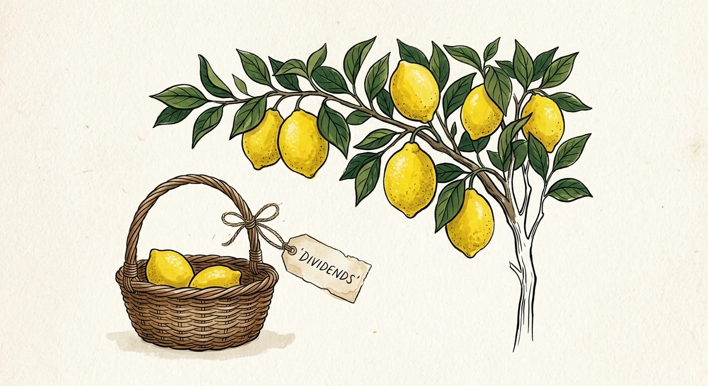 An elegant gouache illustration of a lemon branch with ripe yellow lemons falling into a basket labeled Dividends.