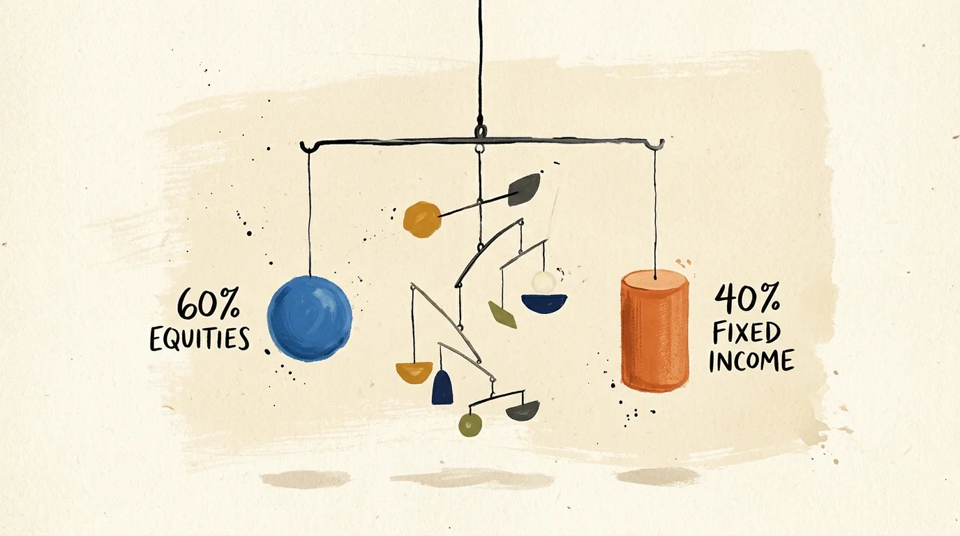 An elegant modern illustration of a balanced mobile showing a 60% equities and 40% fixed income allocation.