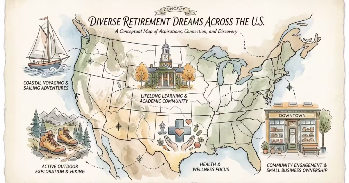 An elegant watercolor map of the US featuring hand-drawn icons of coastal, mountain, and college town retirement lifestyles.