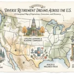 An elegant watercolor map of the US featuring hand-drawn icons of coastal, mountain, and college town retirement lifestyles.