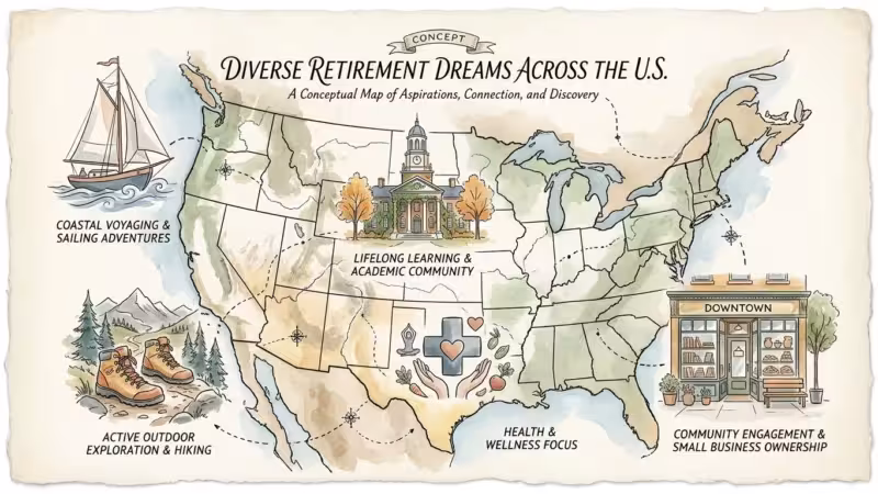 An elegant watercolor map of the US featuring hand-drawn icons of coastal, mountain, and college town retirement lifestyles.
