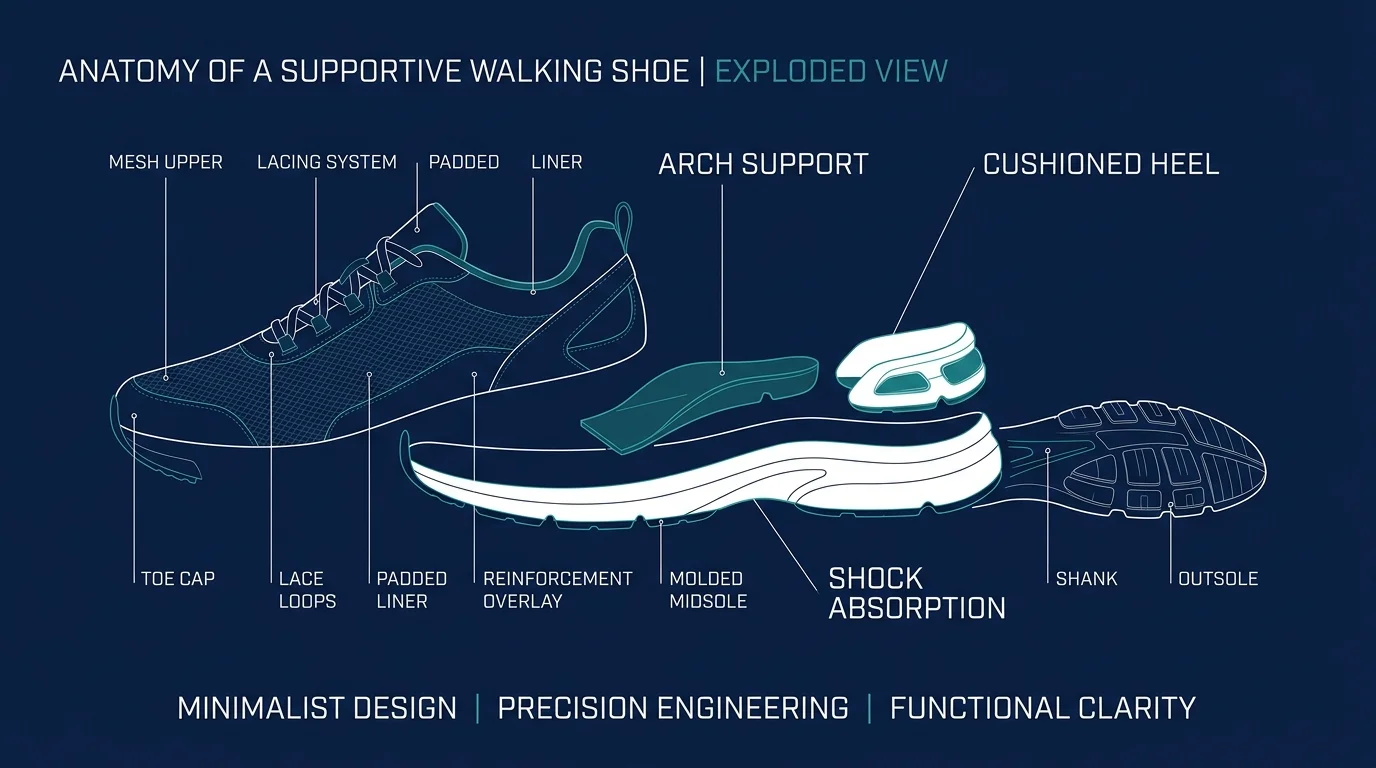 An exploded-view blueprint diagram of a walking shoe highlighting arch support, heel cushioning, and shock absorption.