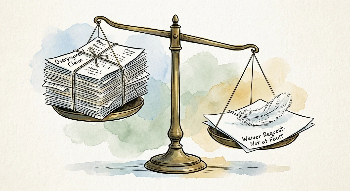 An illustration of a balance scale where a waiver document and feather outweigh a heavy stack of claim papers.