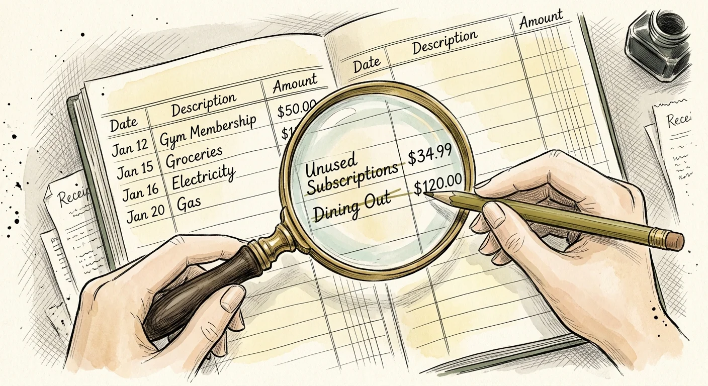 An illustration of a magnifying glass highlighting subscription expenses being crossed off a ledger.