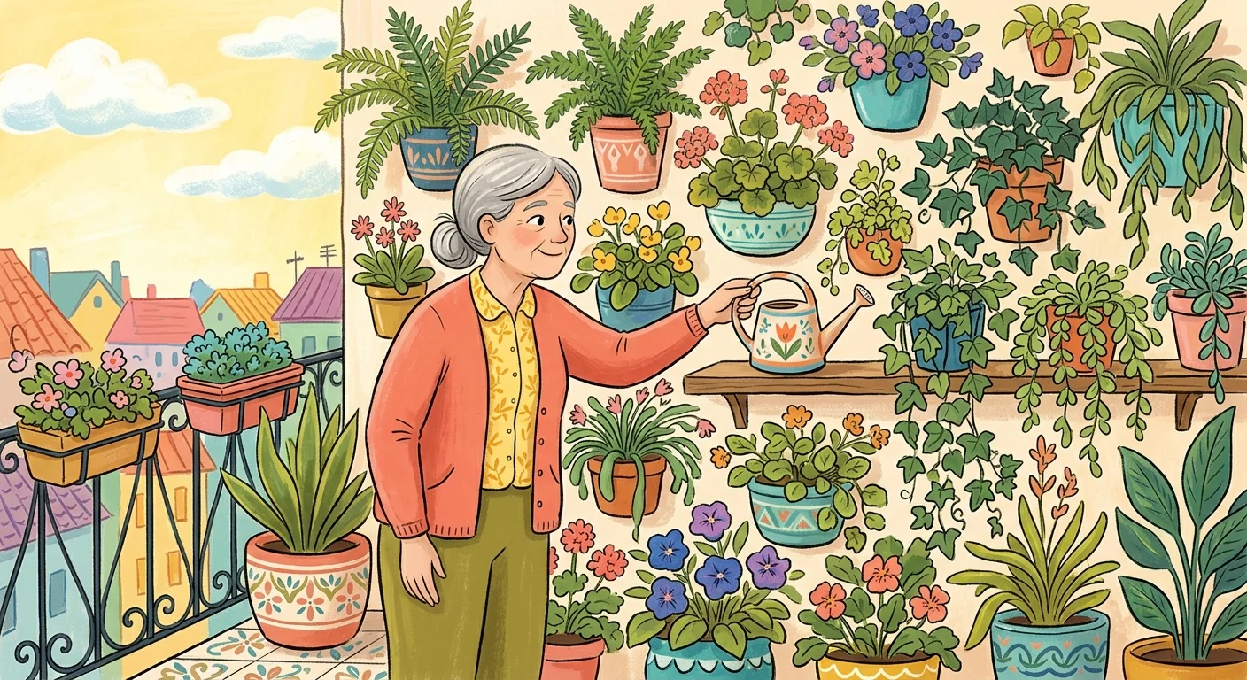 An illustration of a woman watering plants on a balcony, keeping her arm below shoulder level to protect her joints.