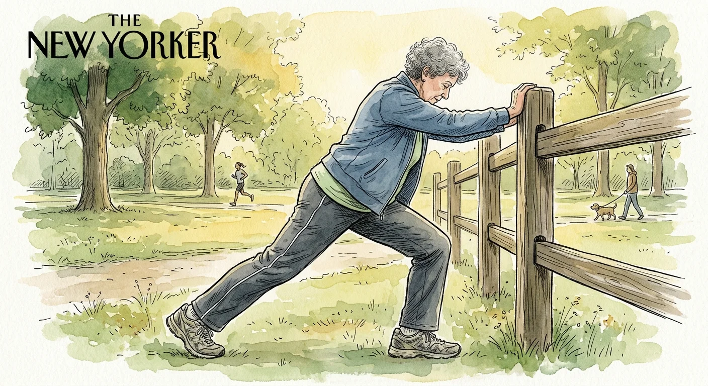 An illustration of an older adult performing a gentle calf stretch against a wooden fence in a park.