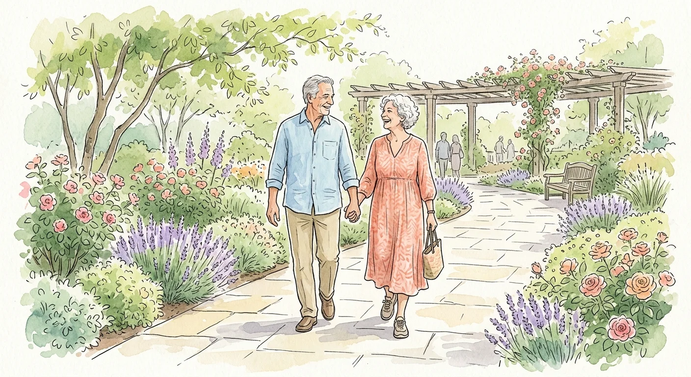 An illustration of an older couple walking hand-in-hand through a vibrant botanical garden, enjoying active mobility.