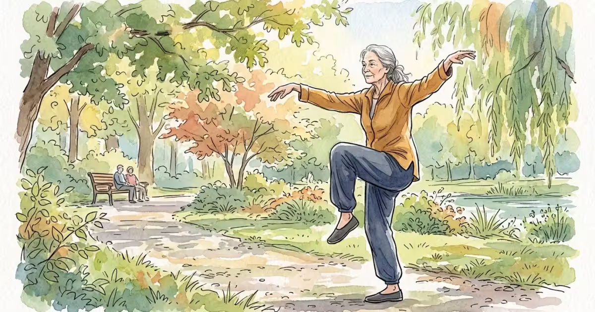 An illustration of an older woman practicing Tai Chi in a sunlit park, representing balance and strength as we age.