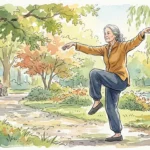 An illustration of an older woman practicing Tai Chi in a sunlit park, representing balance and strength as we age.