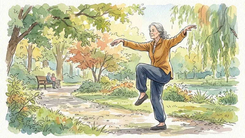 An illustration of an older woman practicing Tai Chi in a sunlit park, representing balance and strength as we age.