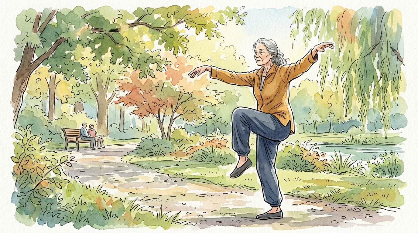 An illustration of an older woman practicing Tai Chi in a sunlit park, representing balance and strength as we age.