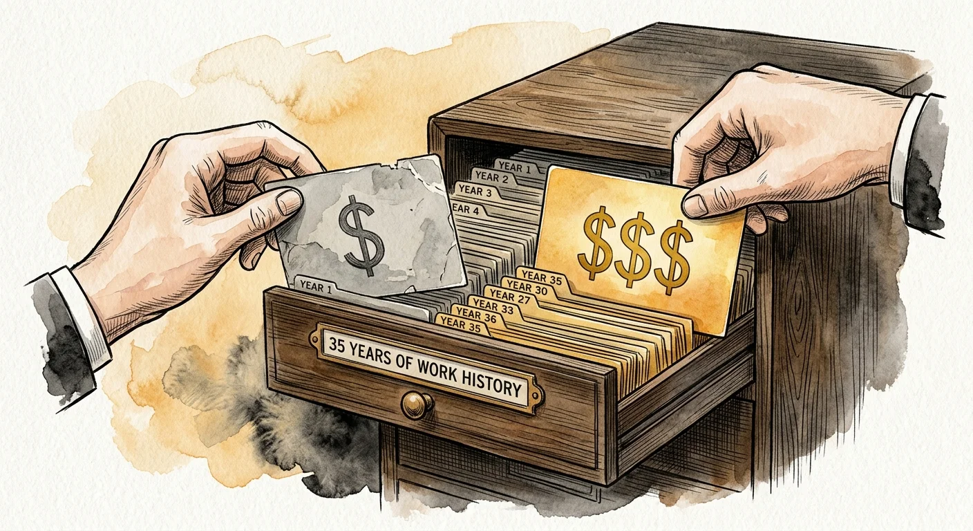 An illustration of hands swapping a low-value card for a high-value card in a vintage card index drawer.