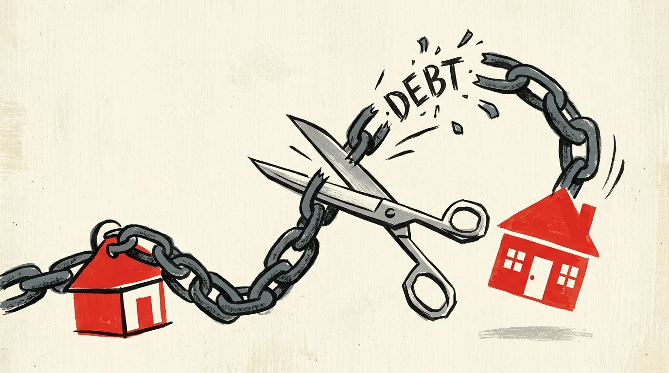 An illustration of scissors cutting a heavy gray chain attached to a small house icon, symbolizing debt freedom.
