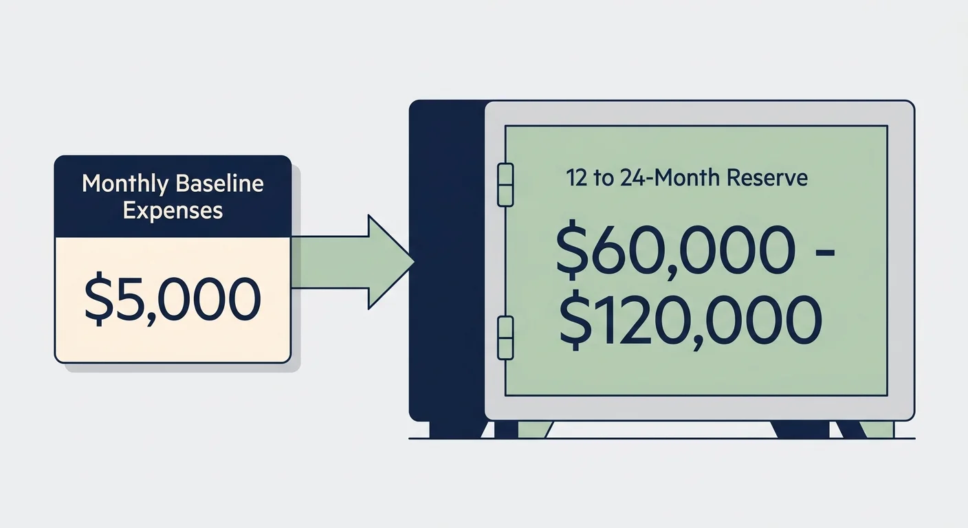 An infographic showing how $5,000 in monthly expenses builds into a secure $60,000 to $120,000 cash reserve.