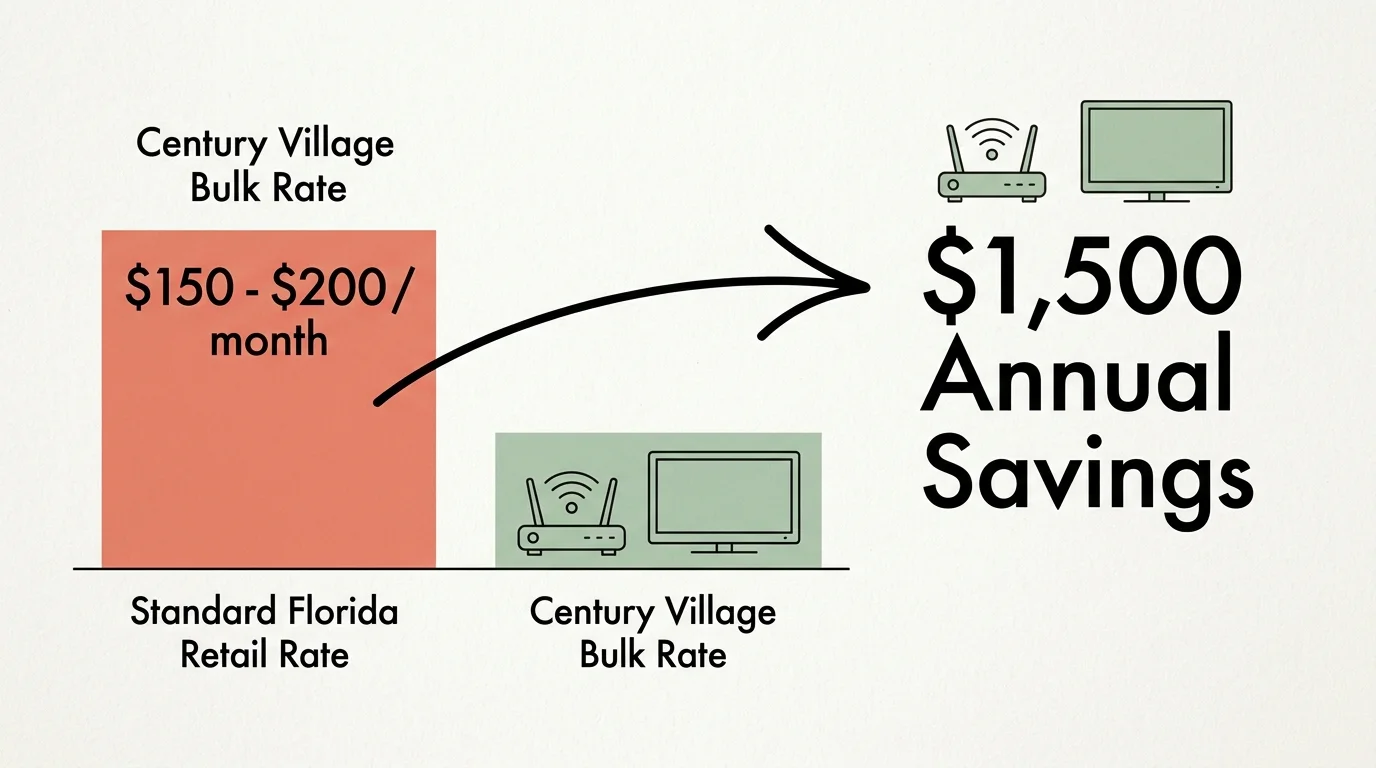An infographic showing how Century Village's bulk contract saves residents up to $1,500 annually compared to retail telecom rates.