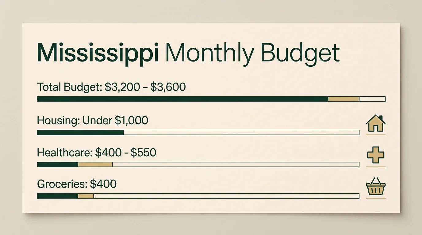 An infographic showing the monthly retirement budget breakdown in Mississippi, including housing, healthcare, and groceries.