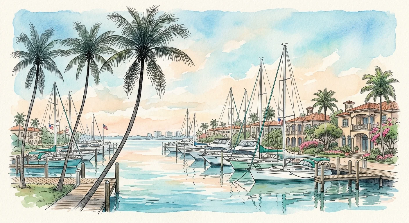 An ink and watercolor drawing of a peaceful marina with yachts and palm trees in Naples, Florida.