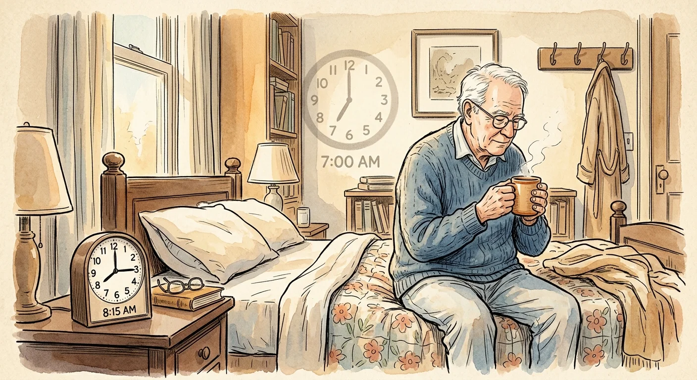 An ink and watercolor illustration of a man warming his hands on a coffee mug next to a clock reading 8:15 AM.
