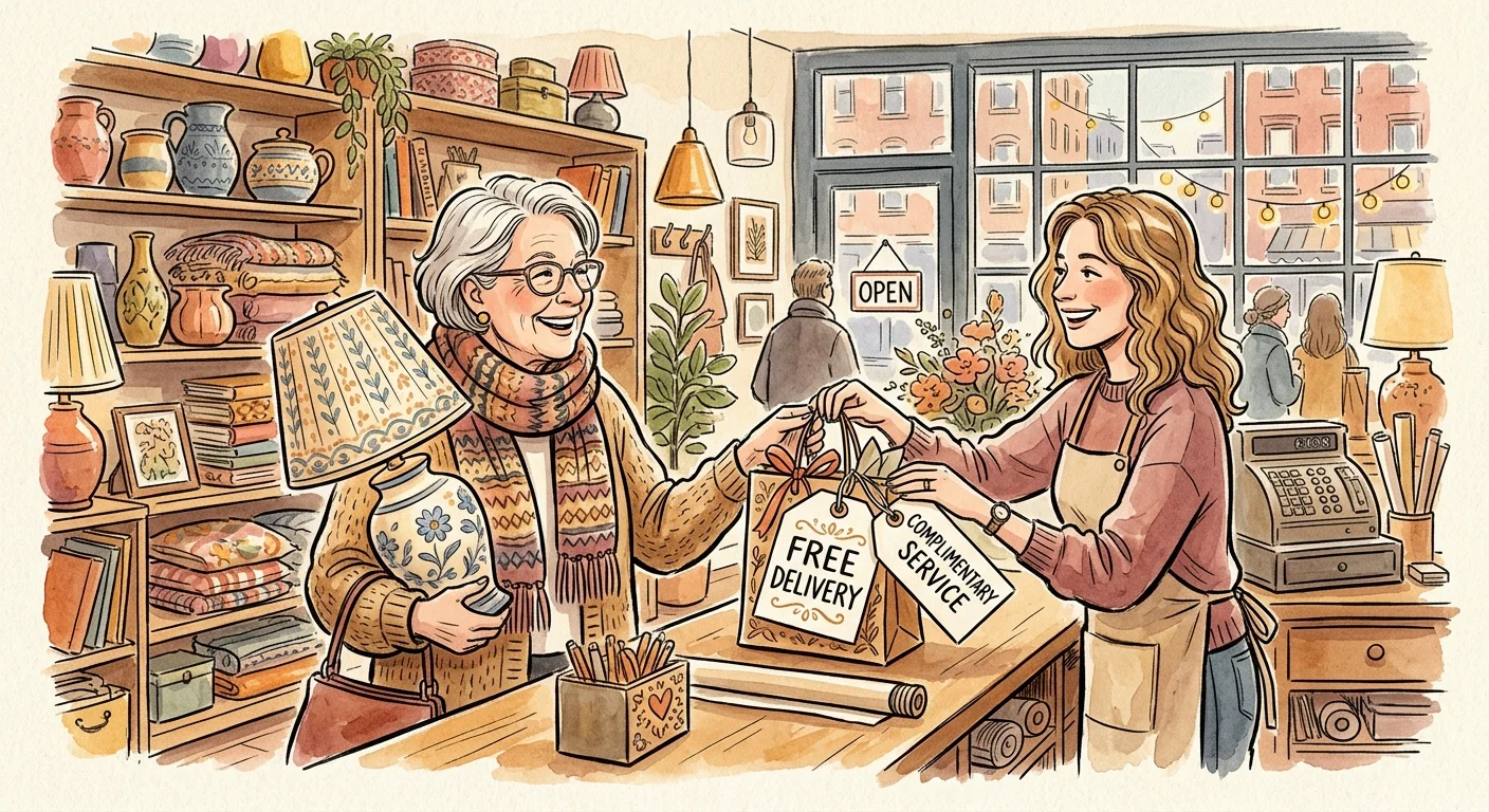 An ink and watercolor illustration of a store employee handing a 'Free Delivery' tag to an older woman buying a ceramic lamp.