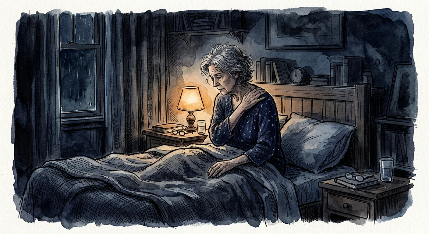 An ink and watercolor illustration of a woman awake in bed at night under the soft glow of a bedside lamp.