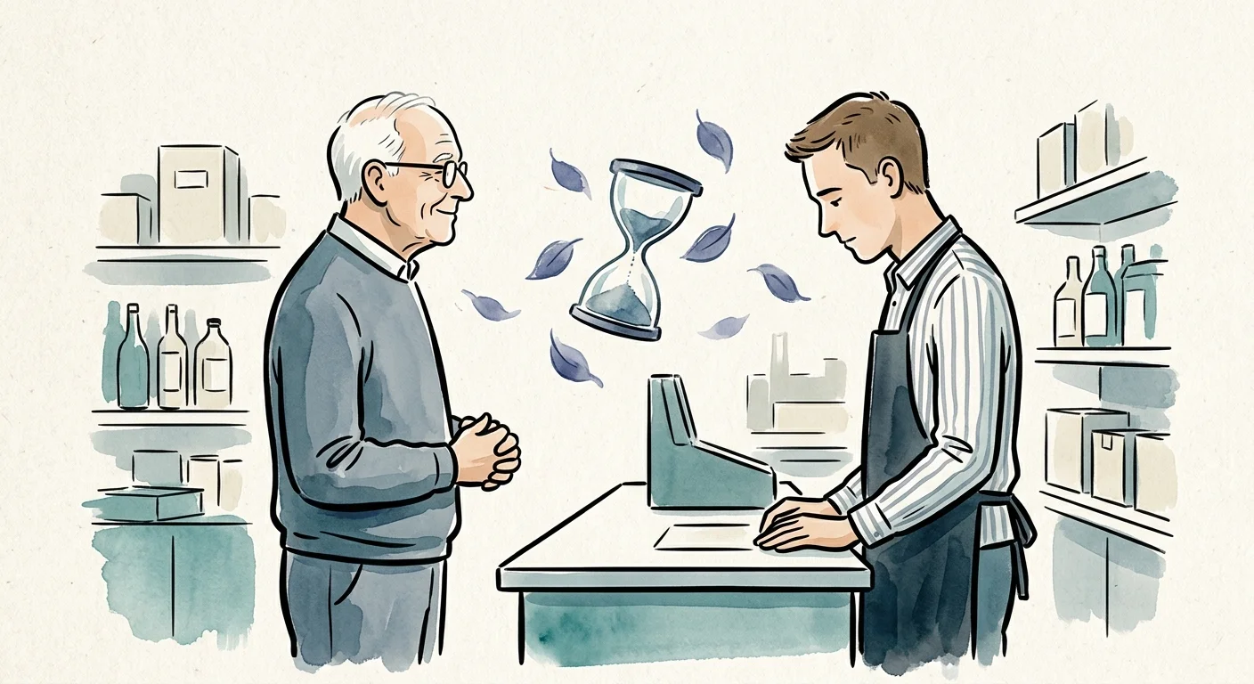 An ink and watercolor illustration of an older man waiting patiently at a counter, with a floating hourglass symbolizing a polite pause.