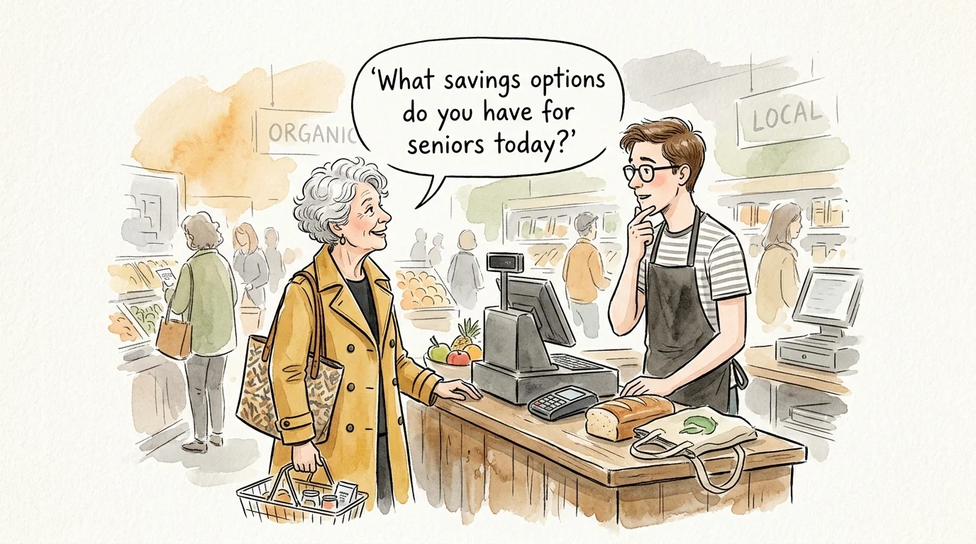 An ink and watercolor illustration of an older woman asking a cashier about senior savings options with a friendly speech bubble.