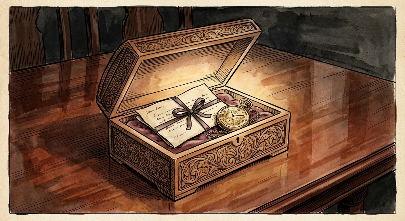 An ink and watercolor illustration of an open wooden keepsake box containing a pocket watch and a letter, glowing with warm light.