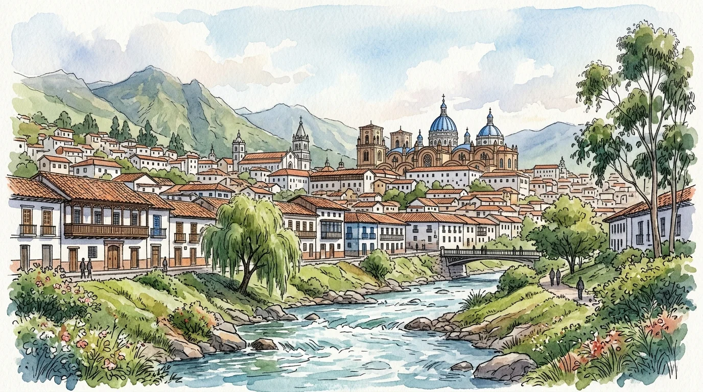 An ink and watercolor illustration of Cuenca, Ecuador, showing colonial buildings along the Tomebamba River with the Andes Mountains in the