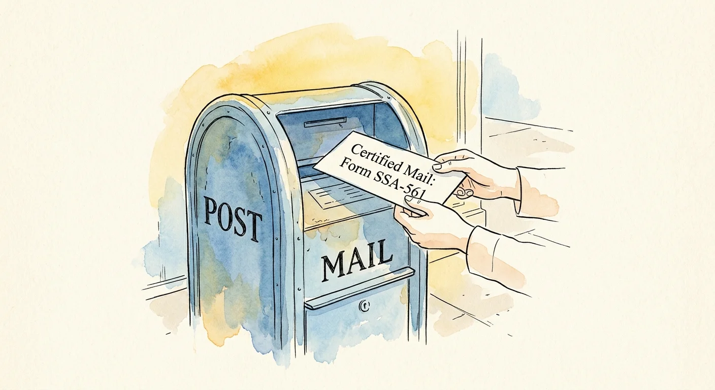 An ink and watercolor illustration of hands mailing a certified letter labeled Form SSA-561 into a postbox.