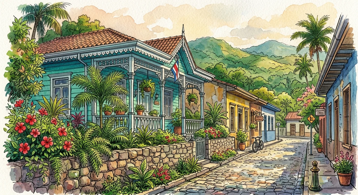 An ink and watercolor sketch of a pastel-colored colonial home in San José, Costa Rica, framed by tropical ferns.