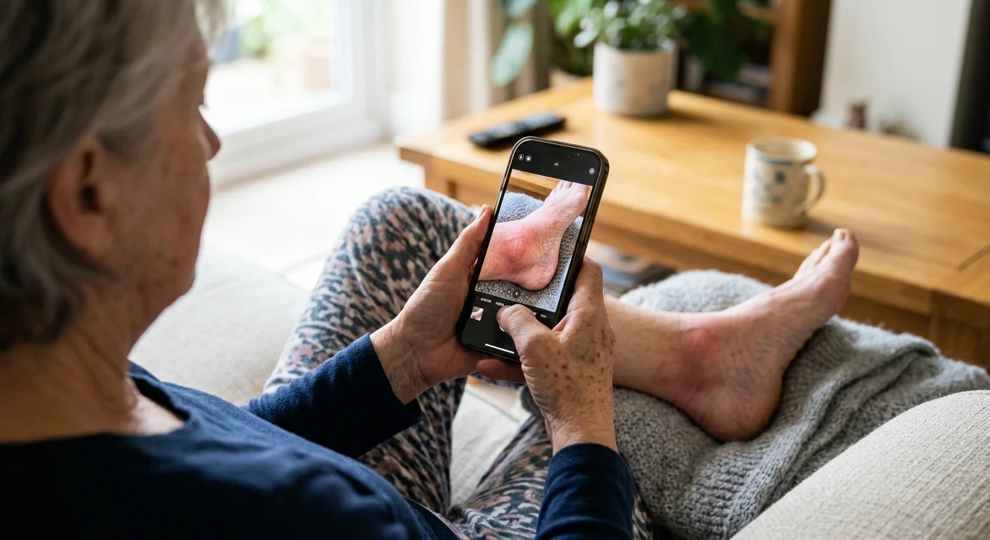 An older adult using a smartphone to photograph a swollen ankle in a brightly lit living room.