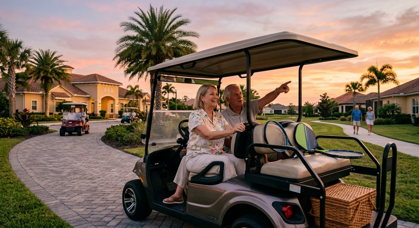 An older couple enjoys a scenic golf cart ride under a vibrant sunset sky along a palm-lined path in Central Florida.