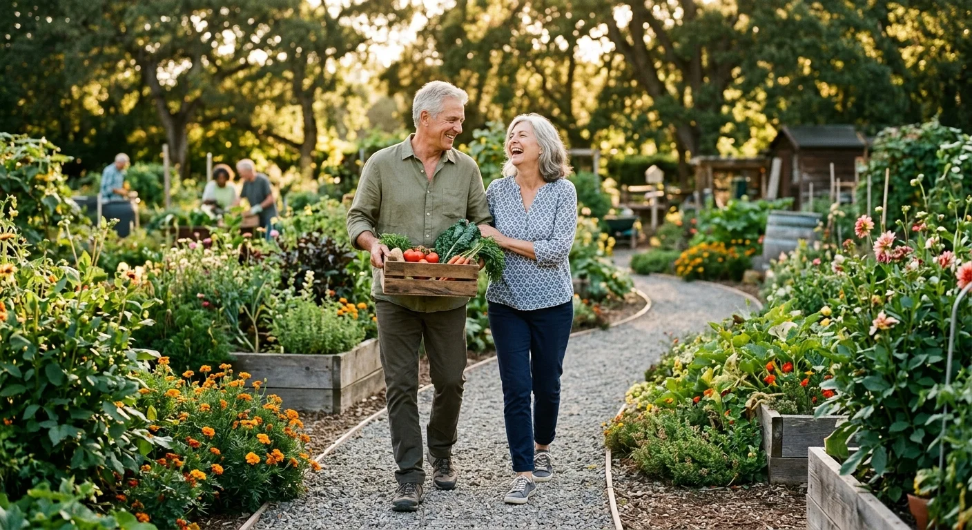 An older couple laughing and walking together through a sun-dappled community garden with a box of fresh vegetables.