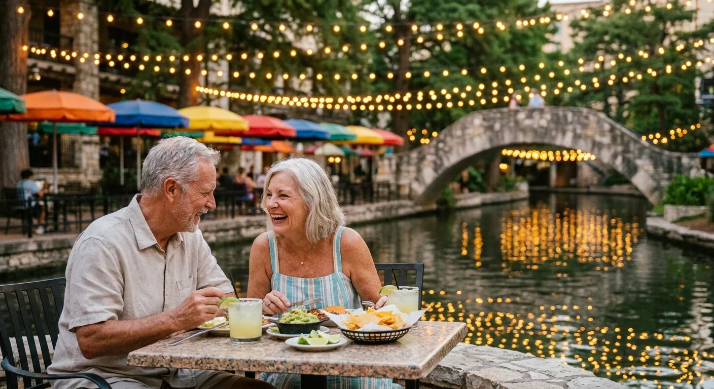 An older couple laughing over dinner on a festive patio along the historic San Antonio River Walk at dusk.