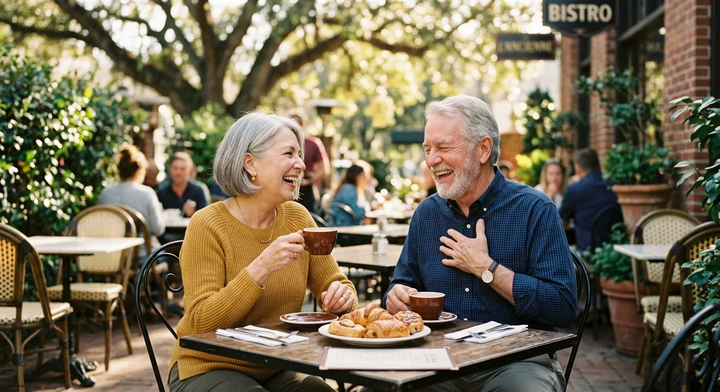An older couple laughing together at an outdoor cafe patio in warm, dappled afternoon sunlight, enjoying their retirement.