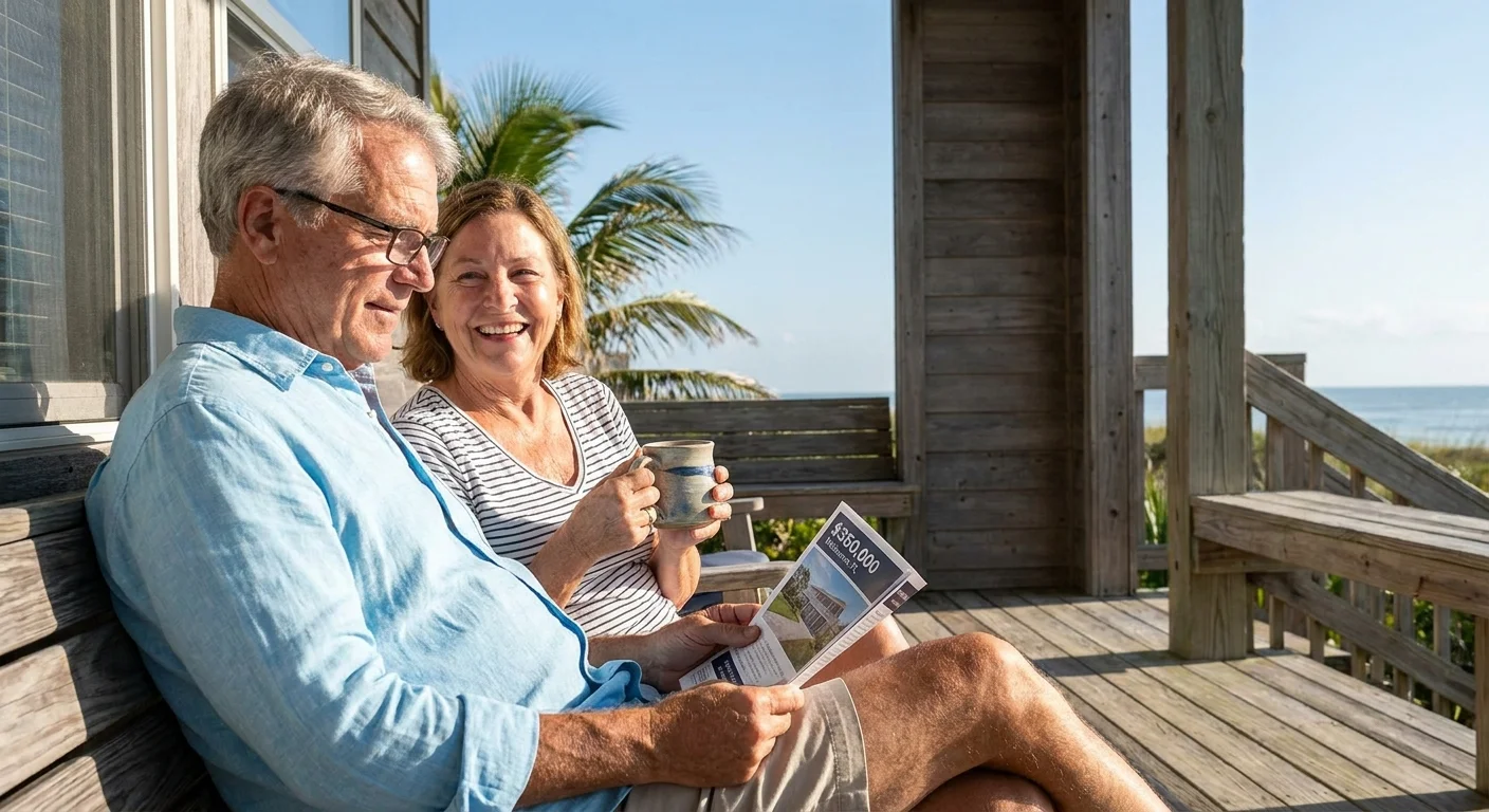 An older couple on a coastal porch looking at a Melbourne, Florida real estate brochure showing a $350,000 home price.