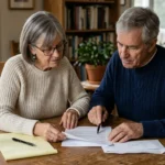 An older couple sitting at a sunlit kitchen table, calmly reviewing an official letter with a notepad and pen nearby.