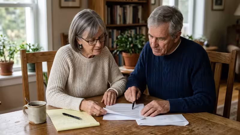 An older couple sitting at a sunlit kitchen table, calmly reviewing an official letter with a notepad and pen nearby.