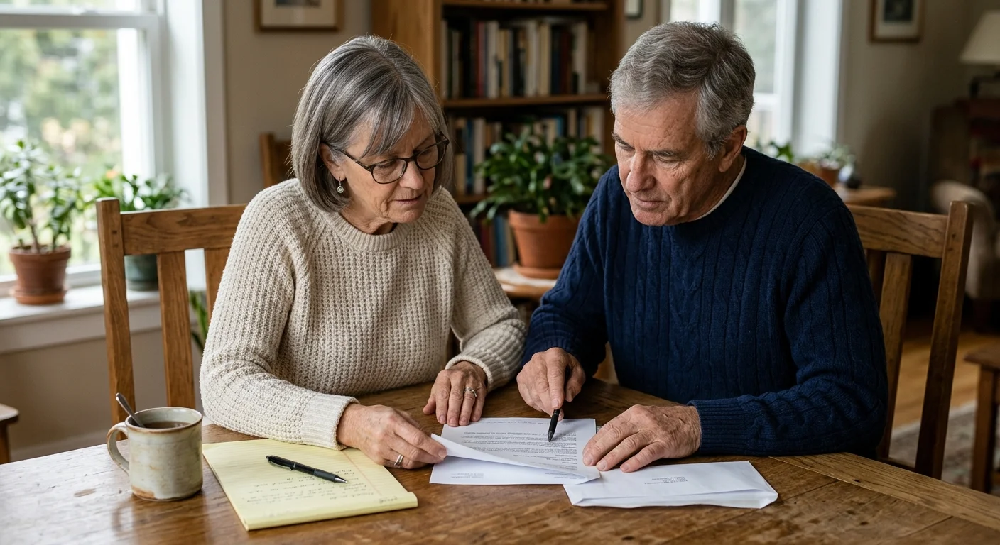 An older couple sitting at a sunlit kitchen table, calmly reviewing an official letter with a notepad and pen nearby.