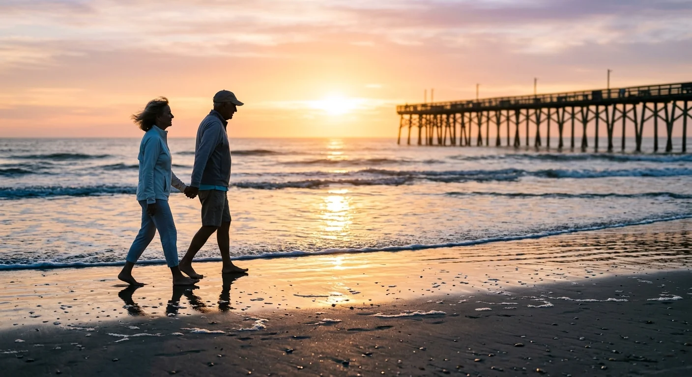 An older couple walks on the wet sand at sunrise near the historic pier in Daytona Beach, Florida.