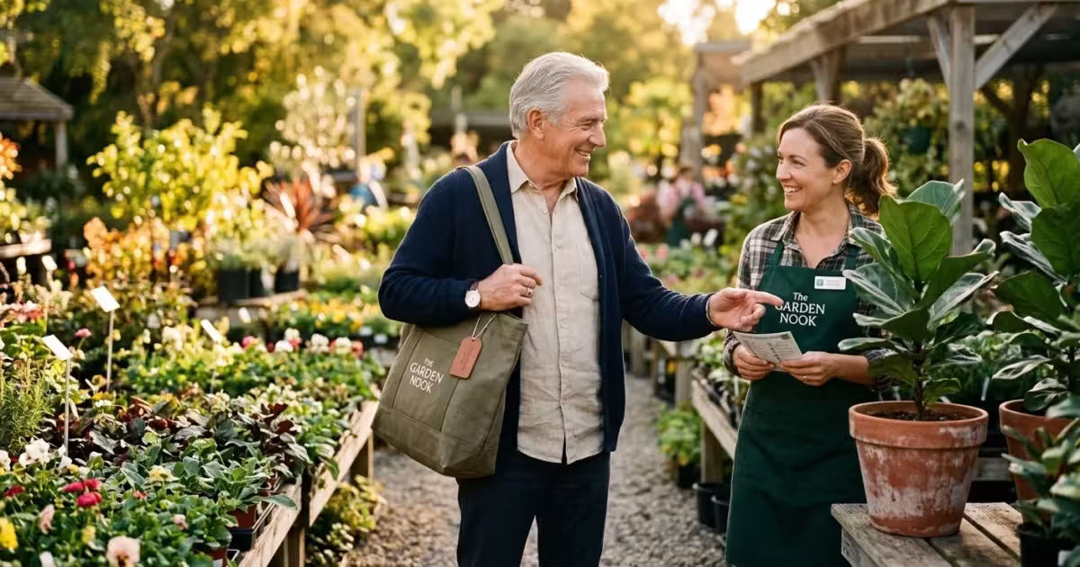 An older man in a casual cardigan smiling and chatting with a garden nursery manager among potted plants in warm afternoon sunlight.