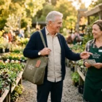 An older man in a casual cardigan smiling and chatting with a garden nursery manager among potted plants in warm afternoon sunlight.