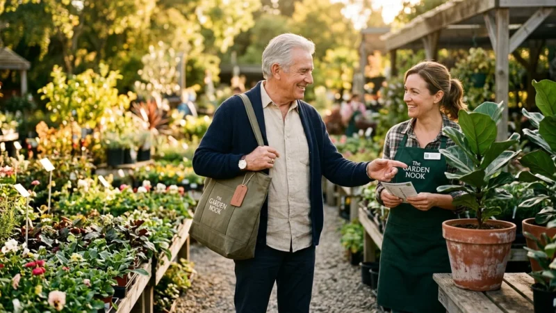An older man in a casual cardigan smiling and chatting with a garden nursery manager among potted plants in warm afternoon sunlight.