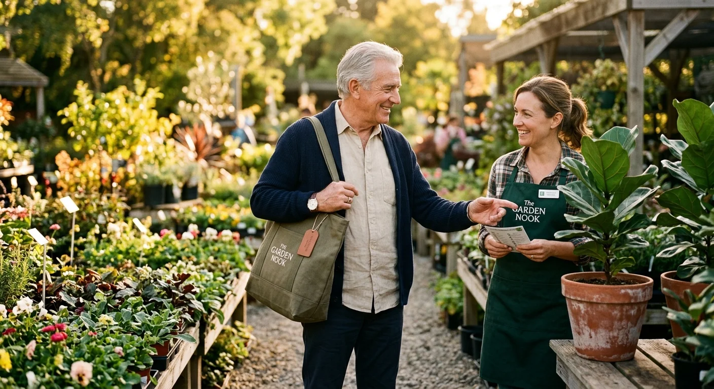 An older man in a casual cardigan smiling and chatting with a garden nursery manager among potted plants in warm afternoon sunlight.