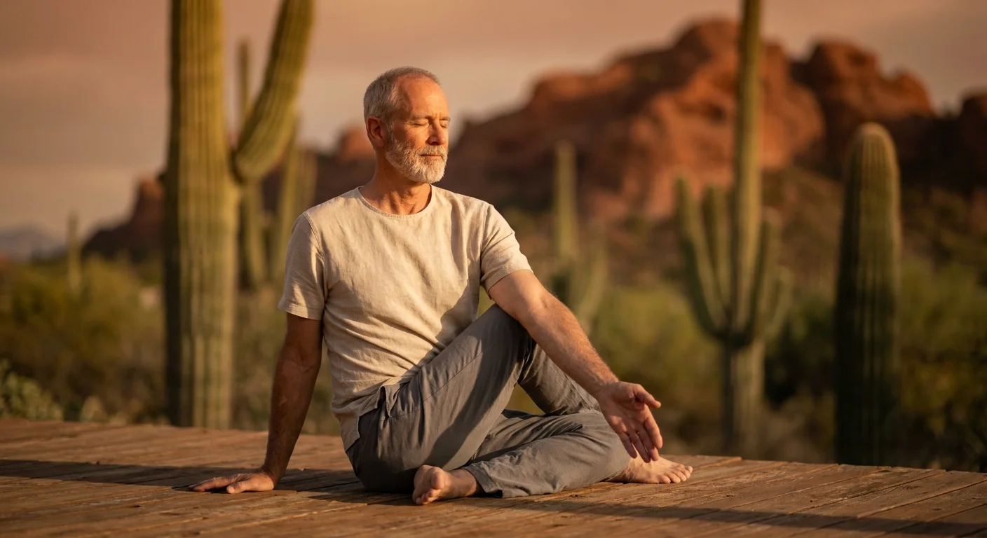 An older man practicing yoga on an outdoor wooden deck at a Scottsdale resort, with desert mountains in the background.
