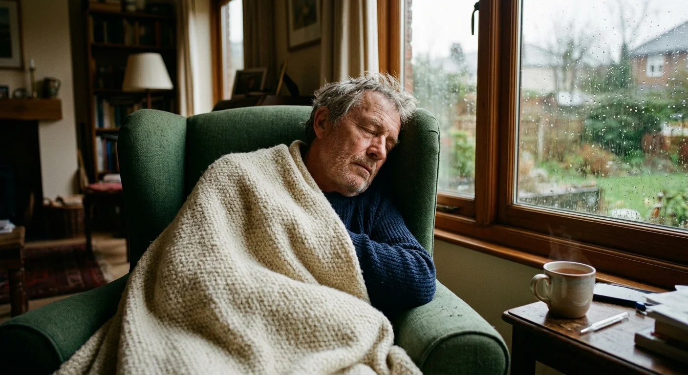 An older man resting under a blanket in an armchair on a quiet, rainy afternoon.