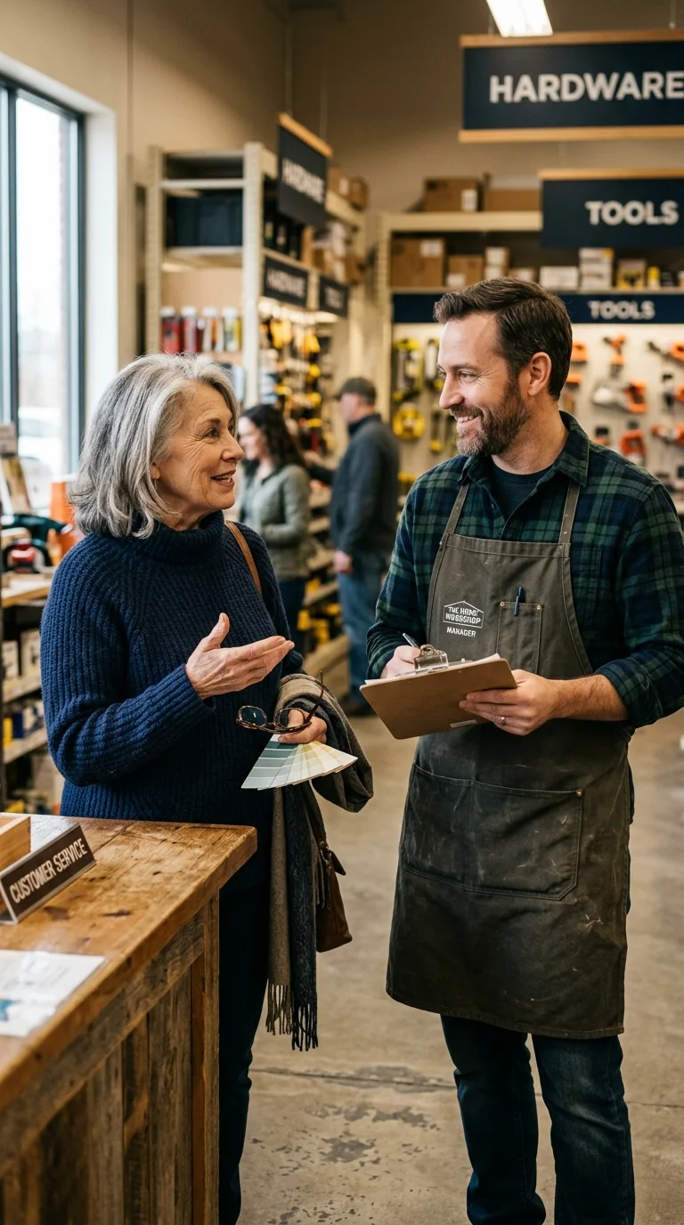 An older woman in a navy sweater speaking warmly with a helpful store manager holding a clipboard in a home improvement store.