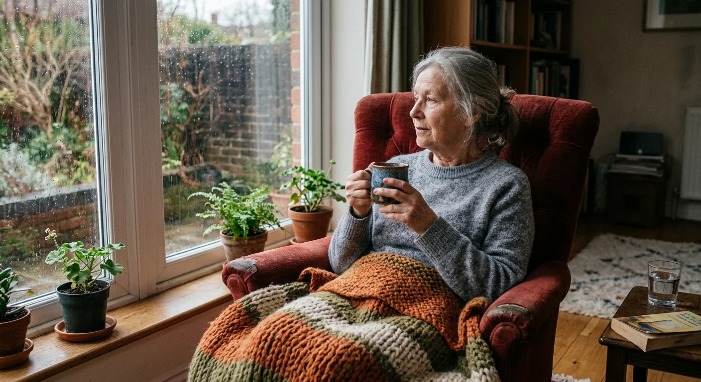 An older woman sitting comfortably in a warm armchair under a cozy knit blanket with a mug.